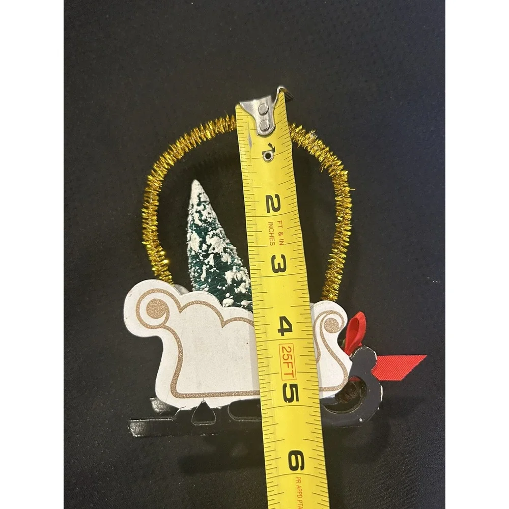 Vtg Christmas Ornaments Lot of 3 Mini Sled w Bottle Brush Trees + 2 Star Shapes